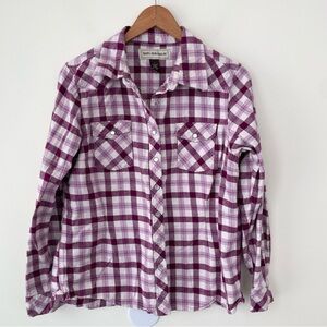 Bit & Bridle Western Gingham Plaid Purple Pearl Snap Long Sleeve Shirt L Large